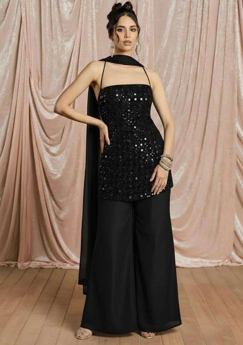 Black Sequin Work Net Sharara Set - Indya