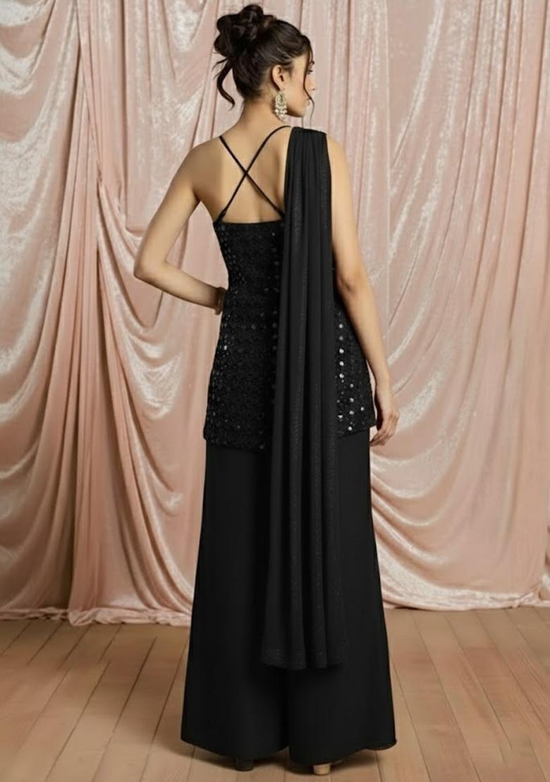 Black Sequin Work Net Sharara Set - Indya