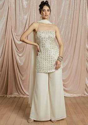 White Sequin Work Net Sharara Set