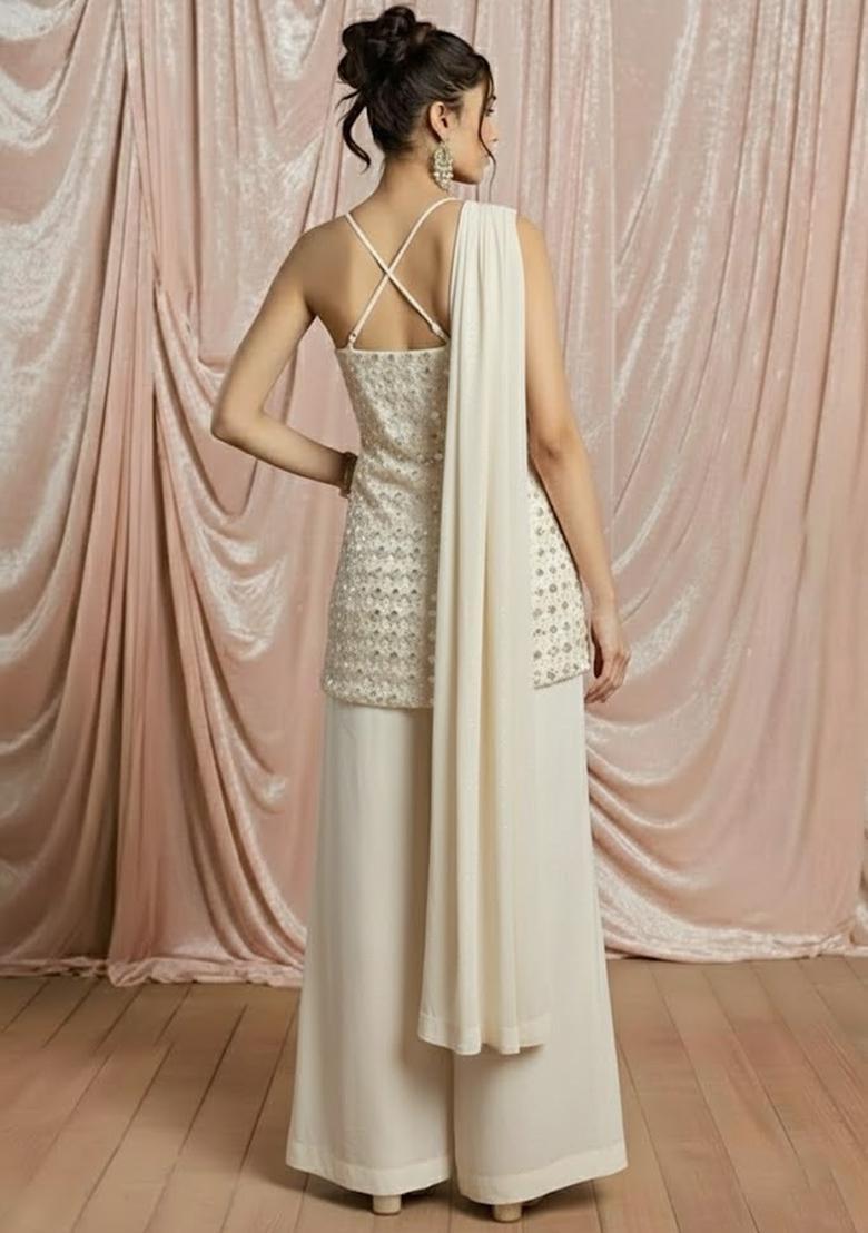 White Sequin Work Net Sharara Set - Indya