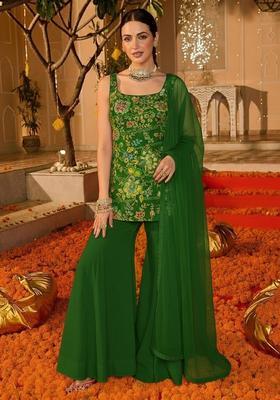 Bottle Green Floral Print Crepe Sharara Set