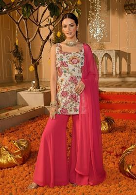 Pink Floral Print Crepe Sharara Set