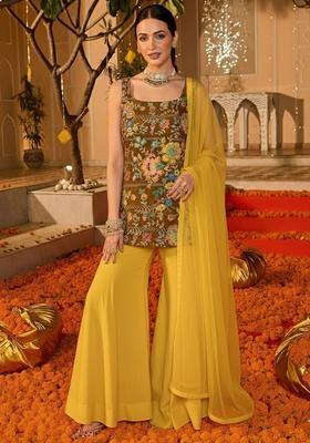 Yellow Floral Print Crepe Sharara Set