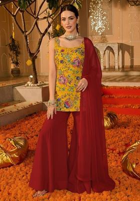 Maroon Floral Print Crepe Sharara Set