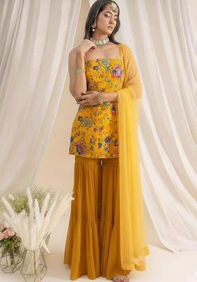 Yellow Floral Print Crepe Sharara Set