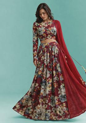 Deep Maroon Floral Print Crepe Lehenga Set