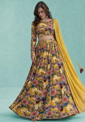 Yellow Floral Print Crepe Lehenga Set