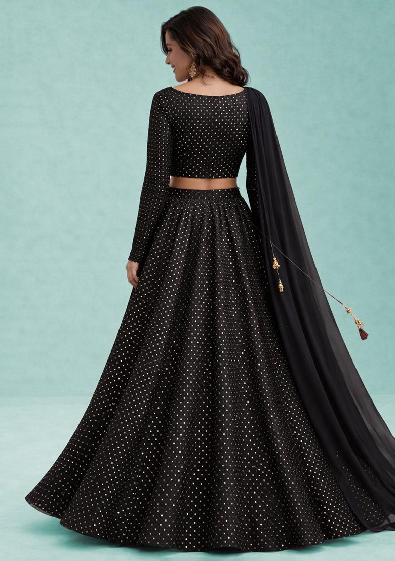 Black Embroidered Velvet Lehenga Set - Indya