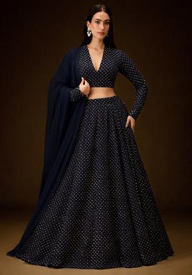Navy Blue Embroidered Velvet Lehenga Set