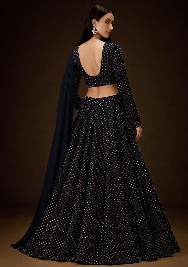 Navy Blue Embroidered Velvet Lehenga Set - Indya