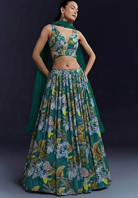 Emerald Green Floral Print Crepe Lehenga Set