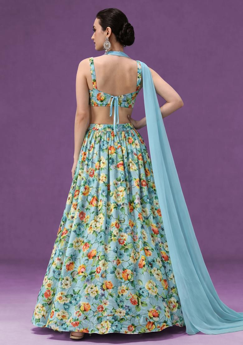 Sky Blue Floral Print Crepe Lehenga Set - Indya