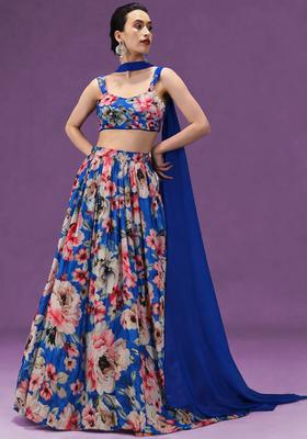 Royal Blue Floral Print Crepe Lehenga Set
