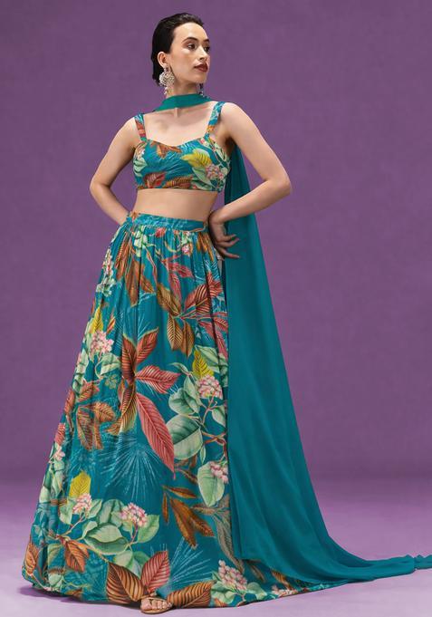 Teal Green Floral Print Crepe Lehenga Set