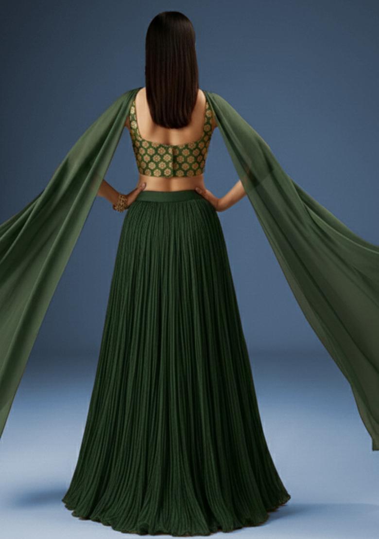 Forest Green Brocade Lehenga Set - Indya