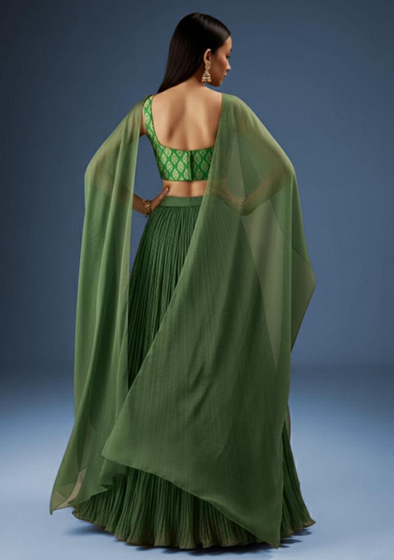 Forest Green Brocade Lehenga Set - Indya