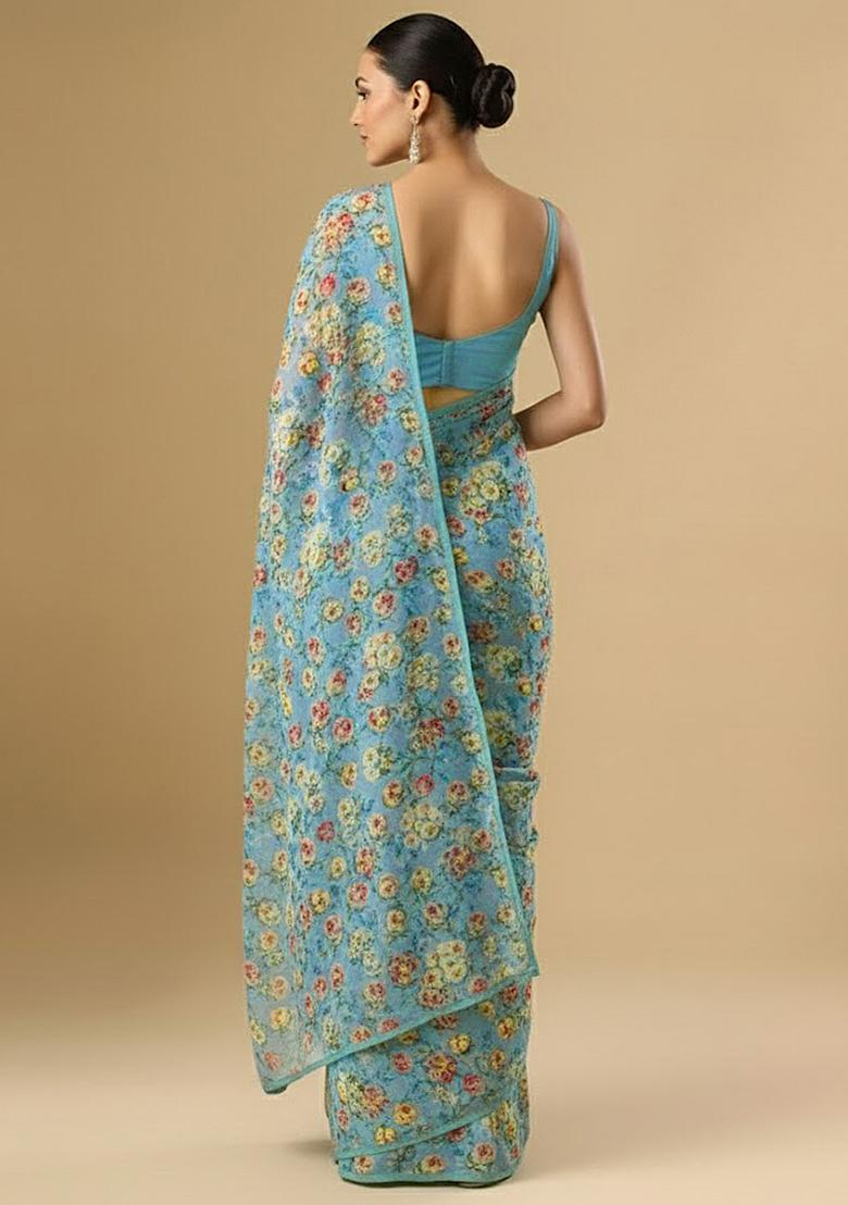 Dusty Blue Floral Print Crepe Pre Draped Saree Set - Indya