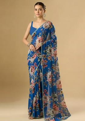 Royal Blue Floral Print Crepe Pre Draped Saree Set