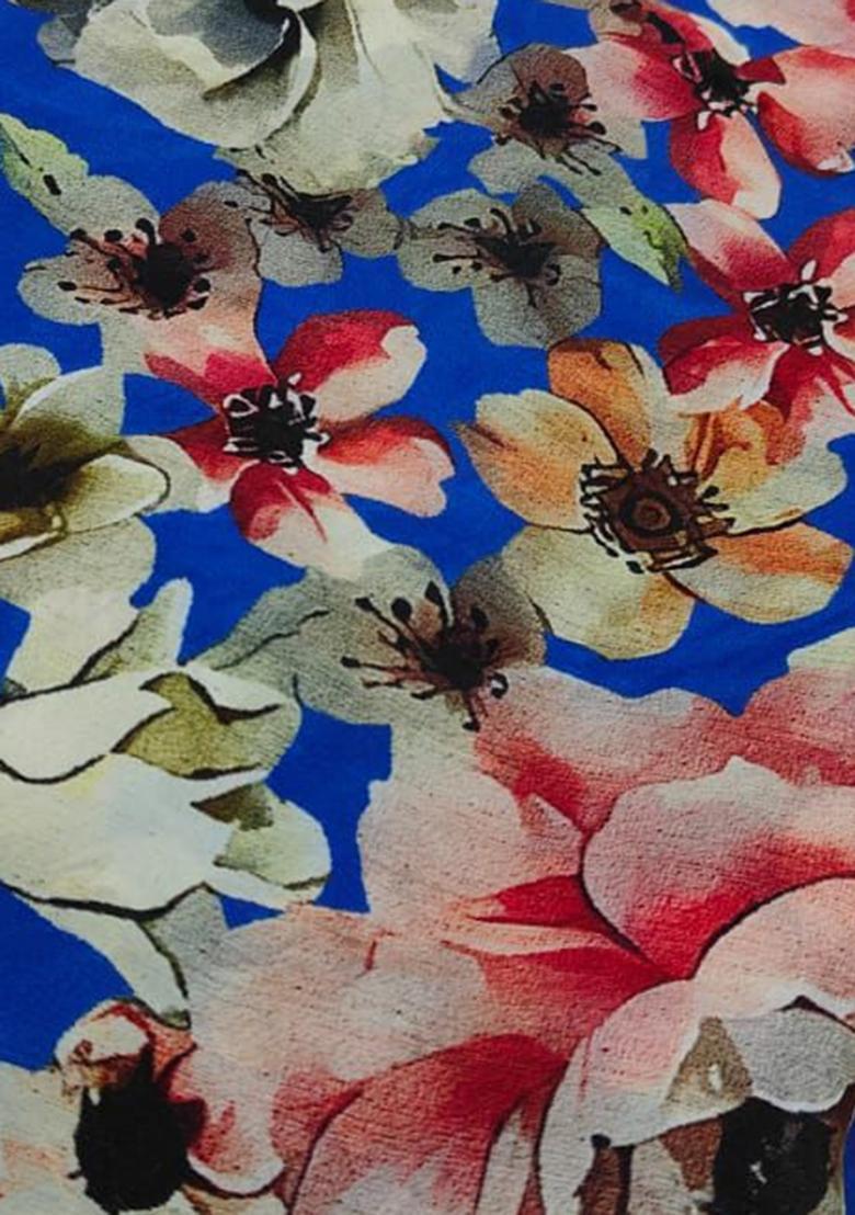 Royal Blue Floral Print Crepe Pre Draped Saree Set - Indya
