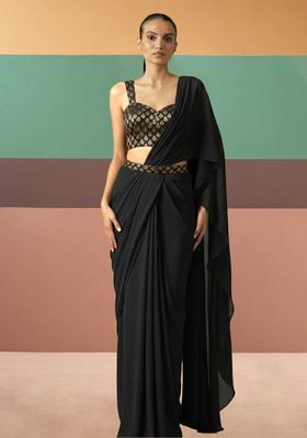 Black Brocade Pre Draped Saree Set