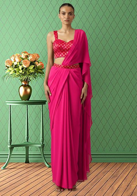 Rani Pink Brocade Pre Draped Saree Set