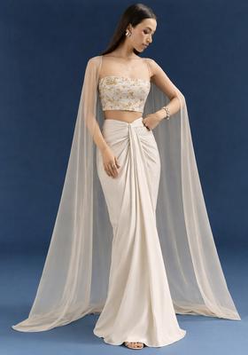 Cream Embroidered Crepe Fusion Set