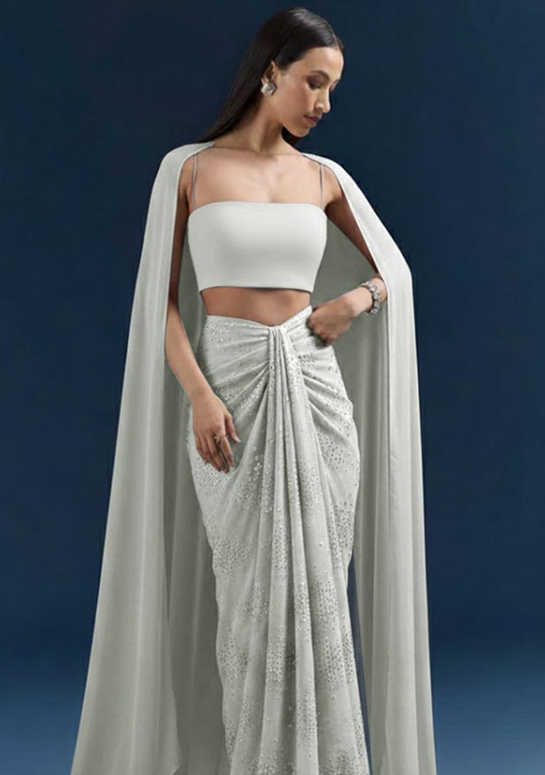 Silver Embroidered Silk Blend Fusion Set - Indya