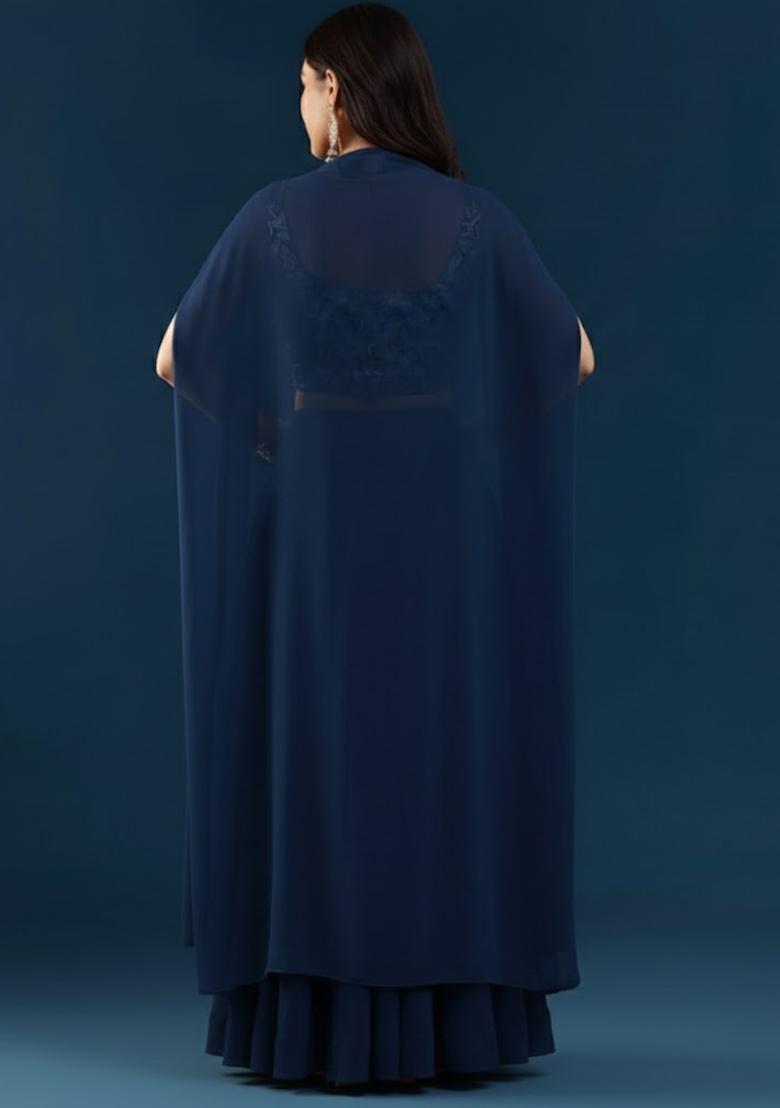 Navy Blue Jacquard Silk Blend Fusion Set - Indya