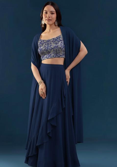 Navy Blue Jacquard Silk Blend Fusion Set