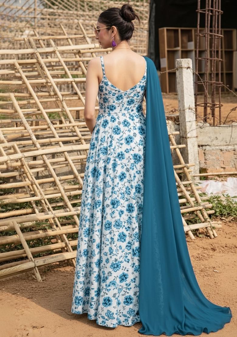 Blue Floral Print Crepe Anarkali With Dupatta - Indya