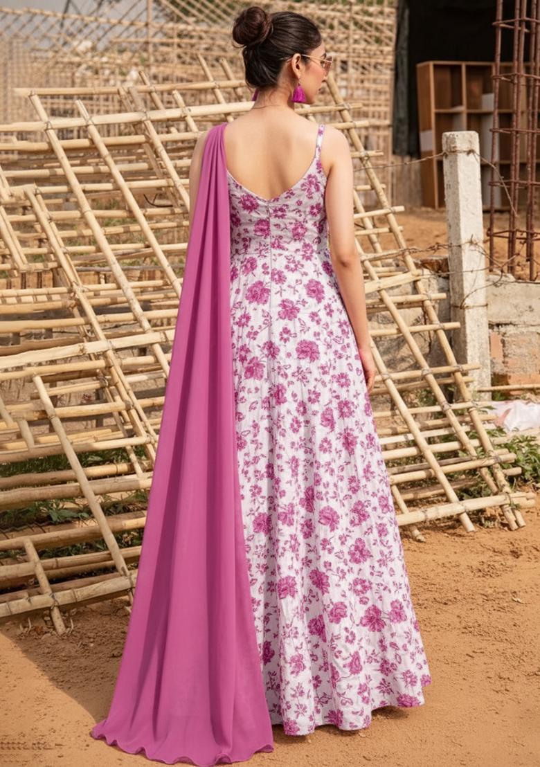 Pink Floral Print Crepe Anarkali With Dupatta - Indya