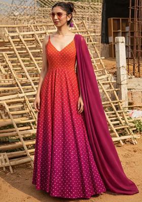 Rani Pink Jacquard Silk Blend Anarkali With Dupatta