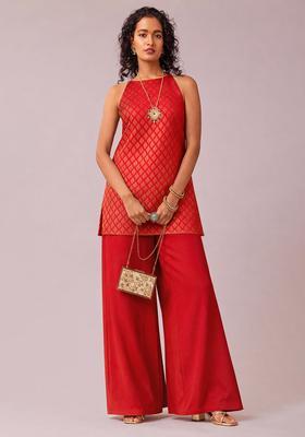 Red Jacquard Brocade Co Ord Set