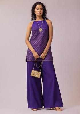 Royal Purple Jacquard Brocade Straight Kurta Set
