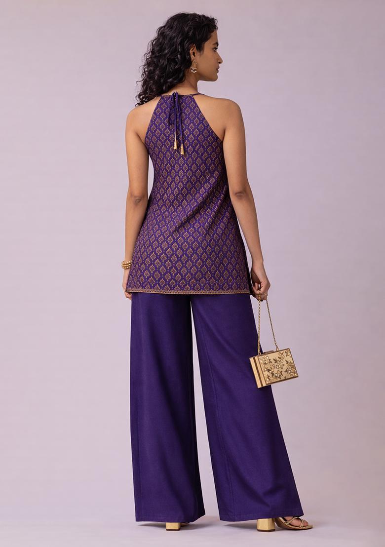 Royal Purple Jacquard Brocade Straight Kurta Set - Indya