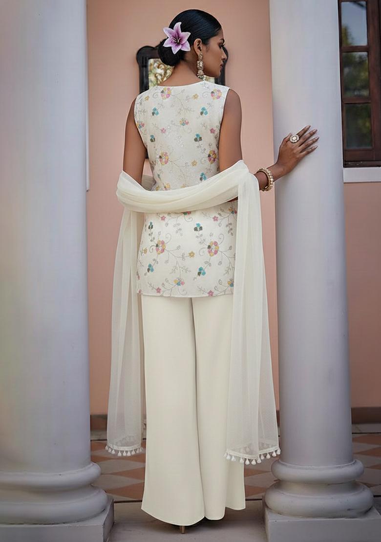 Off white Embroidered Tissue Fusion Set - Indya