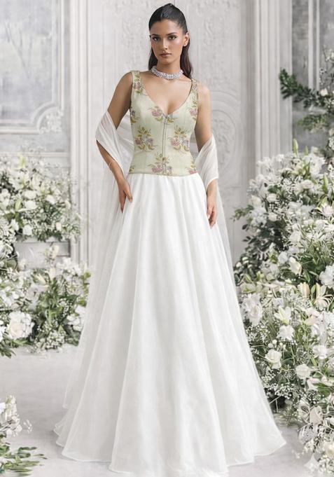 White Floral Print Organza Lehenga Set
