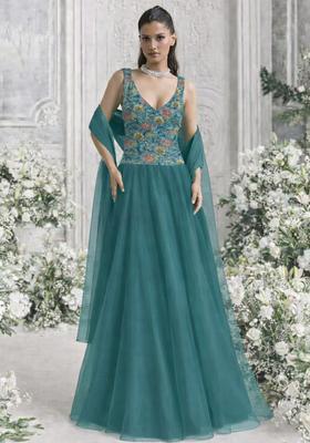 Teal Green Floral Print Organza Lehenga Set