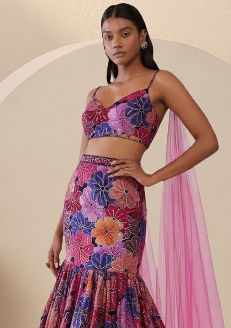Pink Floral Print Crepe Lehenga Set - Indya