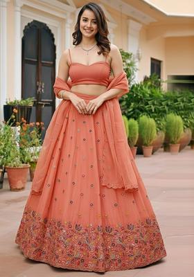 Peach Embroidered Moss Lehenga Set