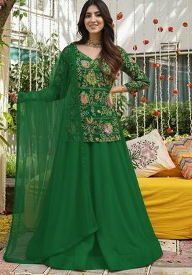Dark Green Embroidered Crepe Lehenga Set