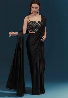 Black Silk Blend Pre Draped Saree Set