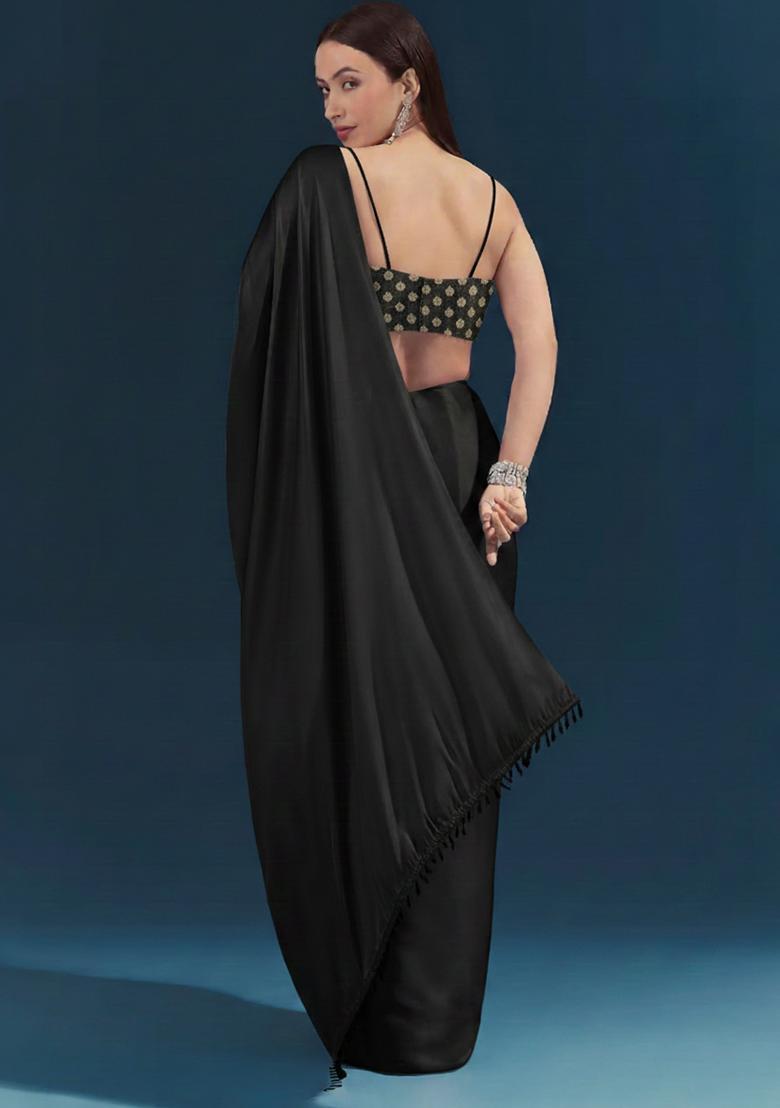 Black Silk Blend Pre Draped Saree Set - Indya
