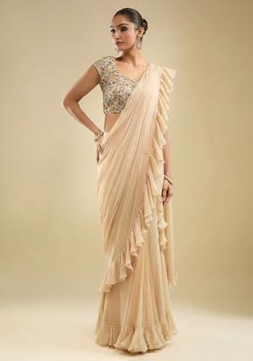 Cream Embroidered Tissue Pre Draped Saree Set