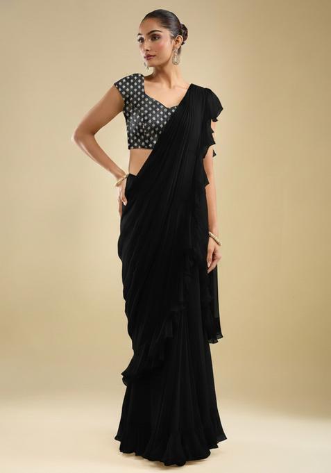 Black Silk Blend Pre Draped Saree Set