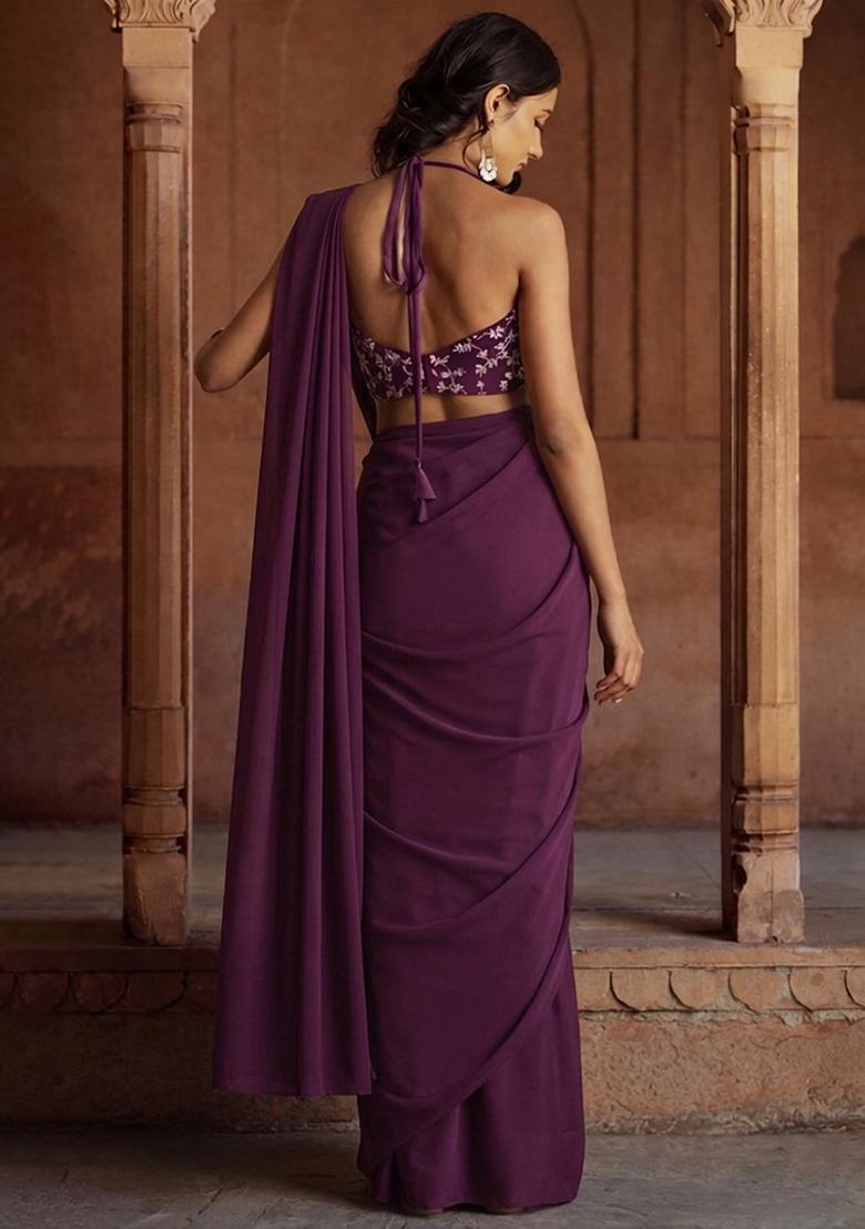 Purple Embroidered Crepe Lehenga Set - Indya