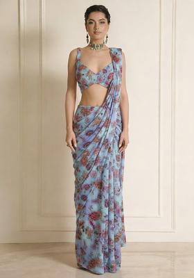 Blue Floral Print Crepe Pre Draped Saree Set