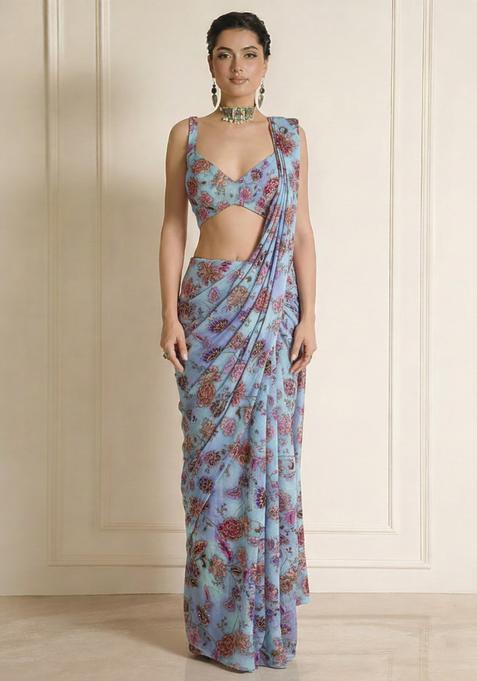 Blue Floral Print Crepe Pre Draped Saree Set