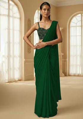 Green Embroidered Georgette Pre Draped Saree Set