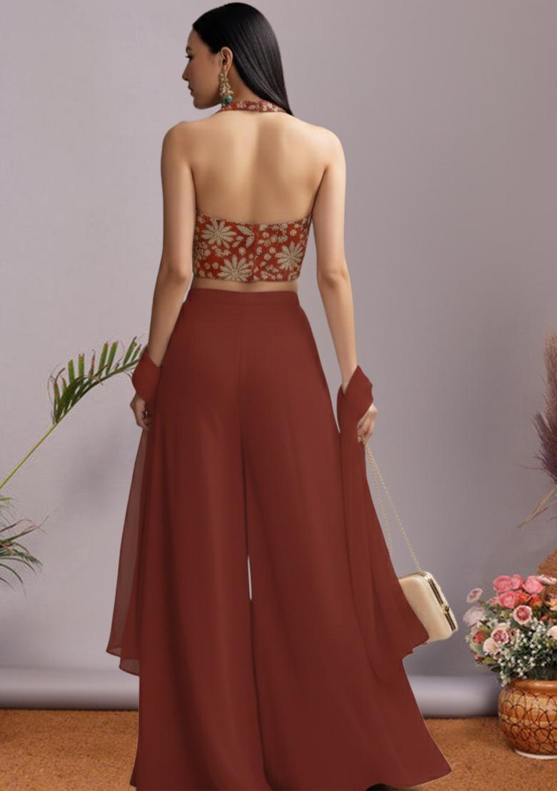 Brown Floral Print Crepe Fusion Set - Indya